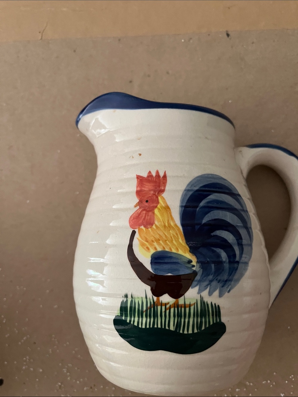 Hand-Painted White Ceramic Rooster Pitcher vintage
